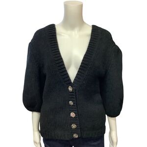 BA&SH Women's Cardigan Black Puff Sleeve Jeweled Snap Button Size: S
